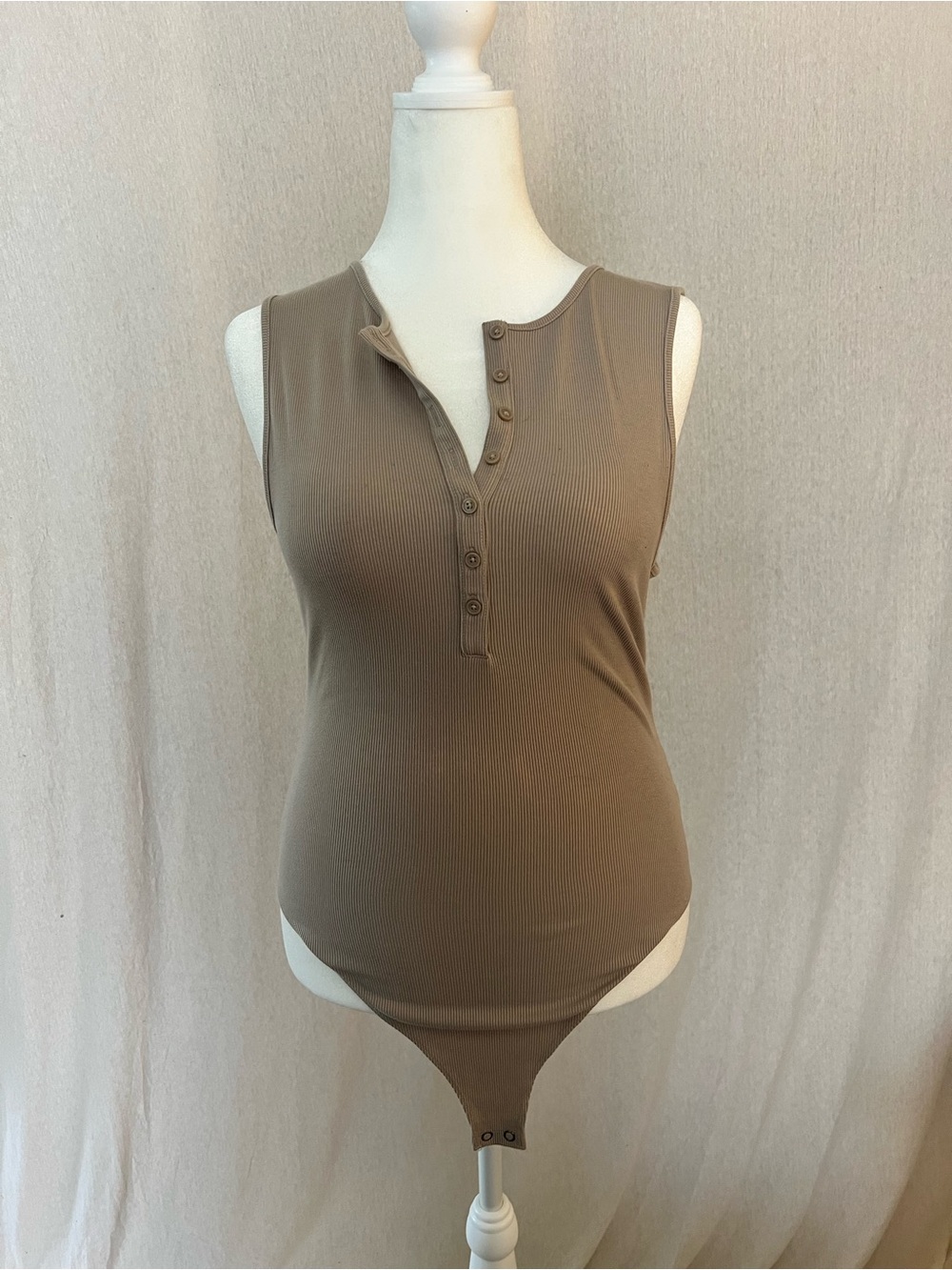 American Eagle Outfitters Sleeveless Ribbed Henley Bodysuit in Taupe
